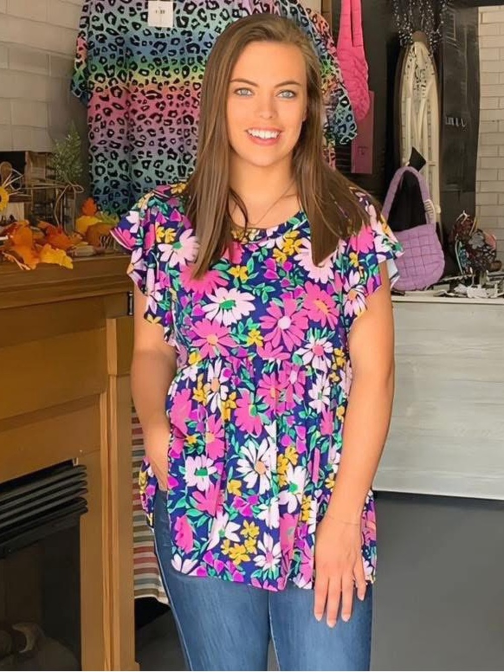 Navy Floral Babydoll Tunic Top - Multiple Size Available